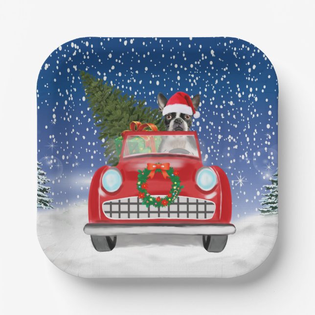 Boston terrier Dog Driving Car In Snow Christmas Paper Plate (Front)