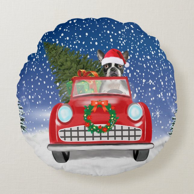 Boston terrier Dog Driving Car In Snow Christmas  Round Cushion (Front)