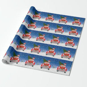 Boston terrier Dog Driving Car In Snow Christmas Wrapping Paper