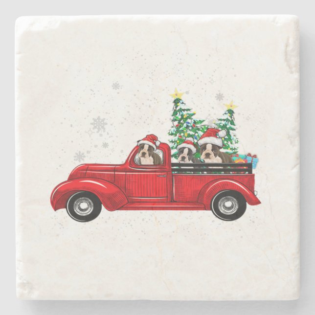 Boston Terrier Dog Driving Xmas Truck Christmas Stone Coaster (Front)