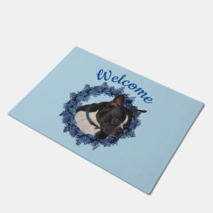 Boston Terrier Dog Floral Wreath Welcome  Doormat