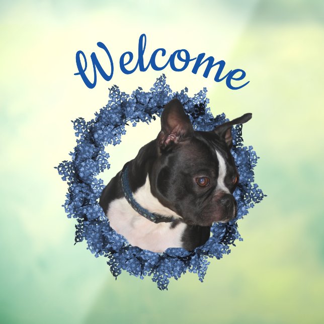 Boston Terrier Dog Floral Wreath Welcome Window Cling (Sheet 3)