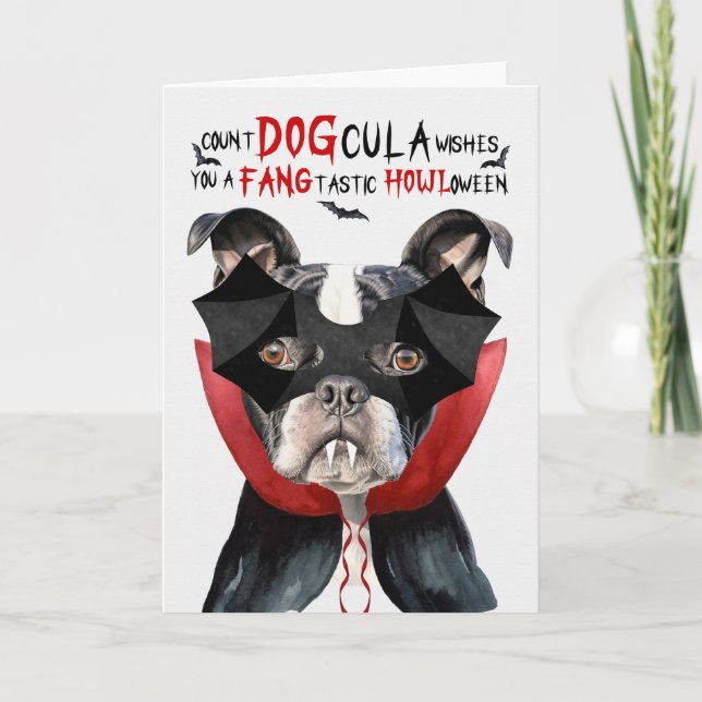 Boston Terrier Dog Funny Count DOGcula Halloween Holiday Card (Front)