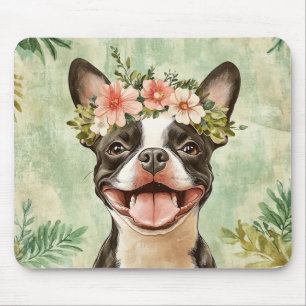 Boston Terrier Dog Green Floral Mouse Mat