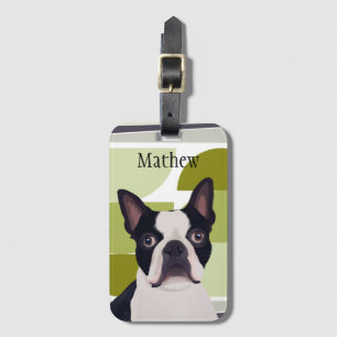Boston Terrier Dog – Green Geometric Luggage Tag