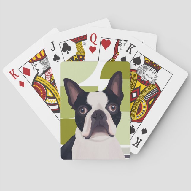 Boston Terrier Dog – Green Geometric Playing Cards (Back)