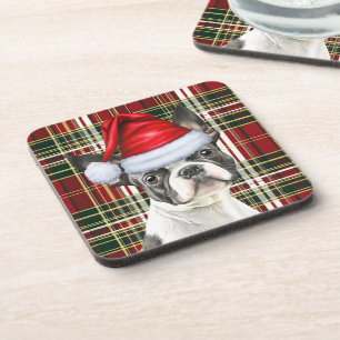 Boston Terrier Dog Green Red Holiday Plaid Coaster