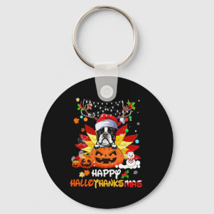 Boston Terrier Dog Halloween And Merry Christmas Key Ring