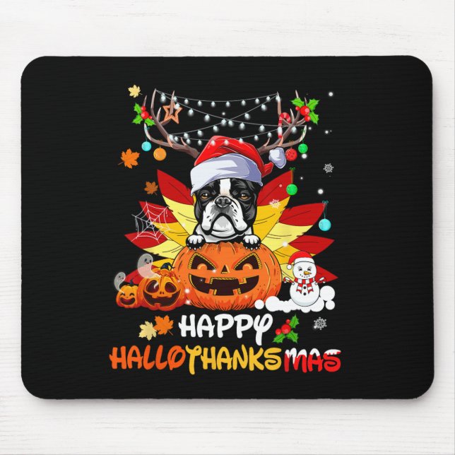 Boston Terrier Dog Halloween And Merry Christmas  Mouse Mat (Front)