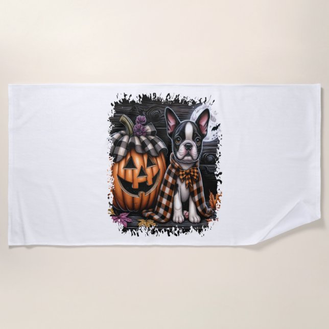 Boston Terrier Dog Halloween Beach Towel (Front)
