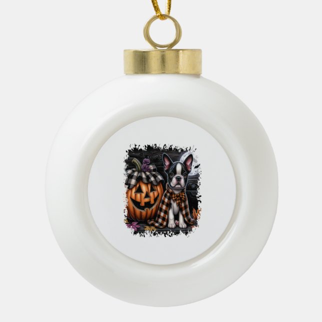Boston Terrier Dog Halloween Ceramic Ball Christmas Ornament (Front)