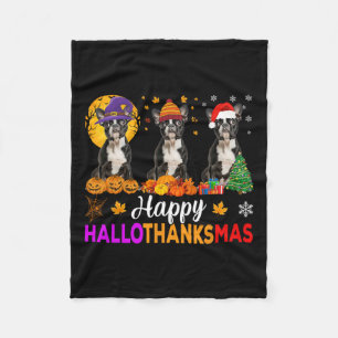 Boston Terrier Dog Halloween Christmas Hallothanks Fleece Blanket