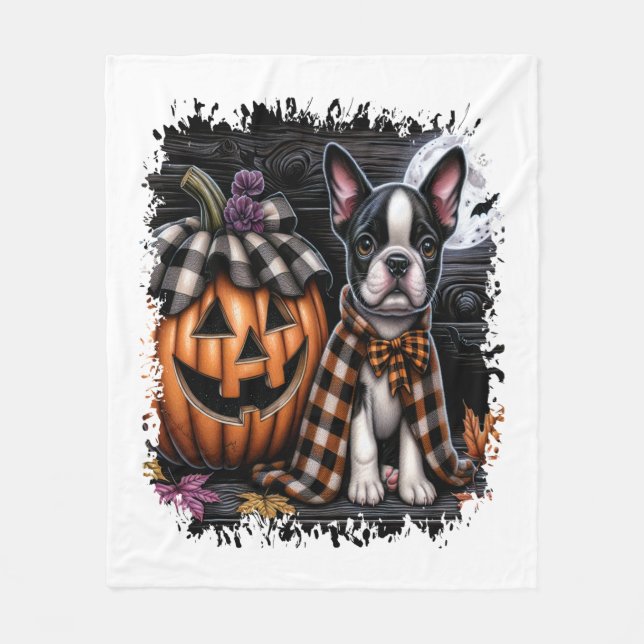 Boston Terrier Dog Halloween Fleece Blanket (Front)