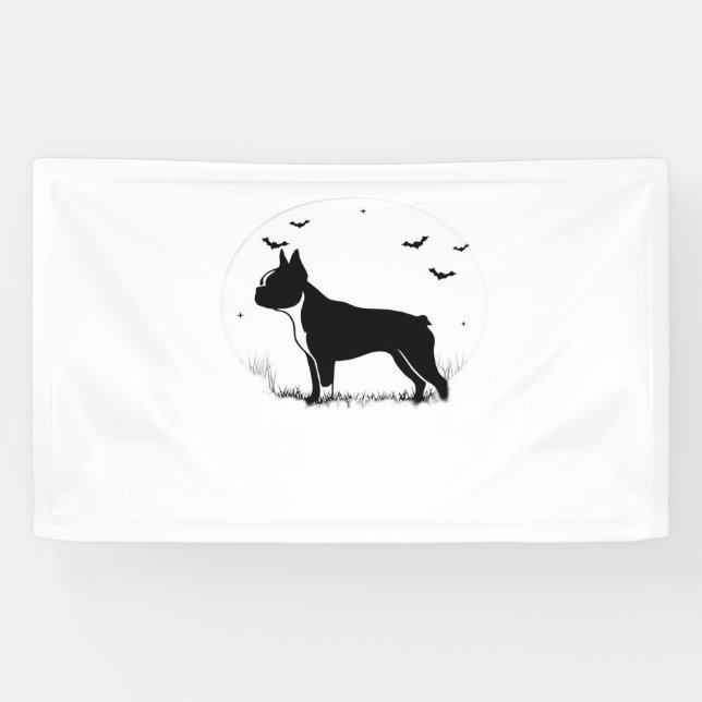 Boston Terrier Dog – Halloween Moon Silhouette Ove Banner (Horizontal)