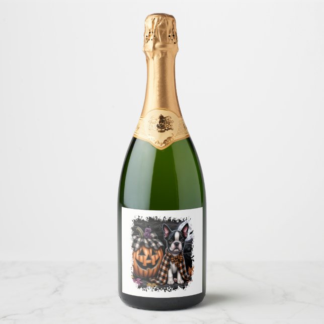 Boston Terrier Dog Halloween Sparkling Wine Label (Front)