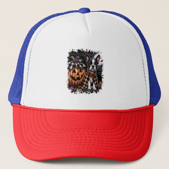 Boston Terrier Dog Halloween Trucker Hat (Front)