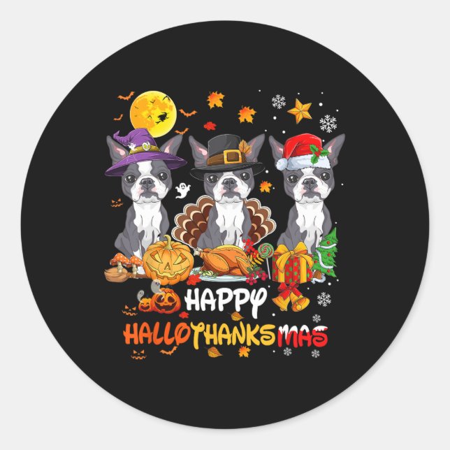 Boston Terrier Dog Happy Halloween Thanksgiving Ch Classic Round Sticker (Front)