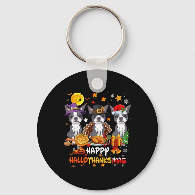 Boston Terrier Dog Happy Halloween Thanksgiving Ch Key Ring (Front)