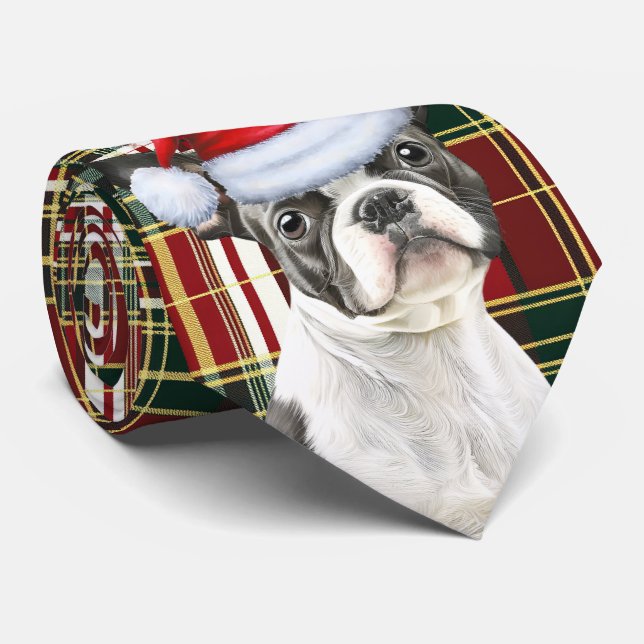 Boston Terrier Dog Holiday Plaid Christmas Tie (Rolled)