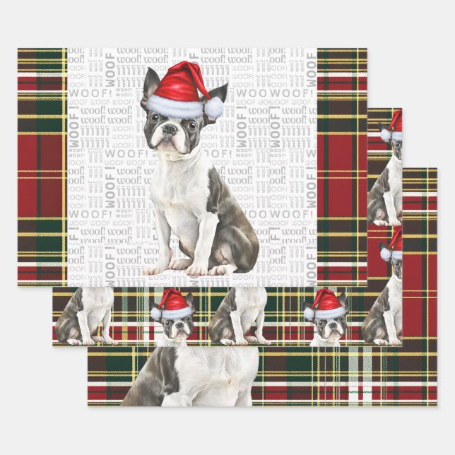 Boston Terrier Dog Holiday Plaid Christmas Wrapping Paper Sheet (Set)