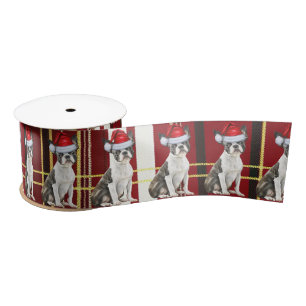Boston Terrier Dog Holiday Plaid Funny Christmas Satin Ribbon