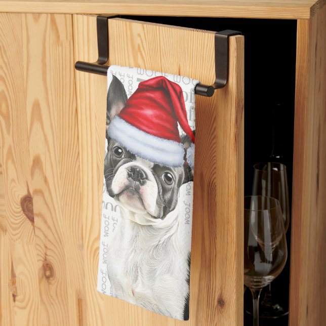 Boston Terrier Dog in a Santa Hat Woof Christmas Tea Towel (Thirds Fold)