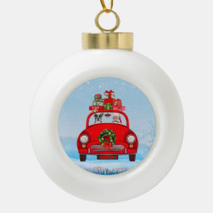 Boston Terrier Dog In Car With Santa Claus Ceramic Ball Christmas Ornament