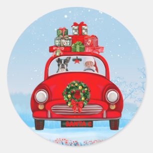 Boston Terrier Dog In Car With Santa Claus Classic Round Sticker