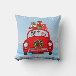 Boston Terrier Dog In Car With Santa Claus  Cushion