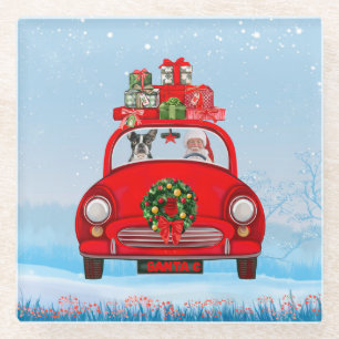 Boston Terrier Dog In Car With Santa Claus  Glass Coaster