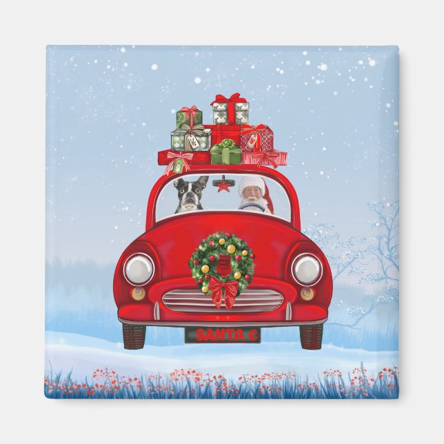 Boston Terrier Dog In Car With Santa Claus Magnet (Front)