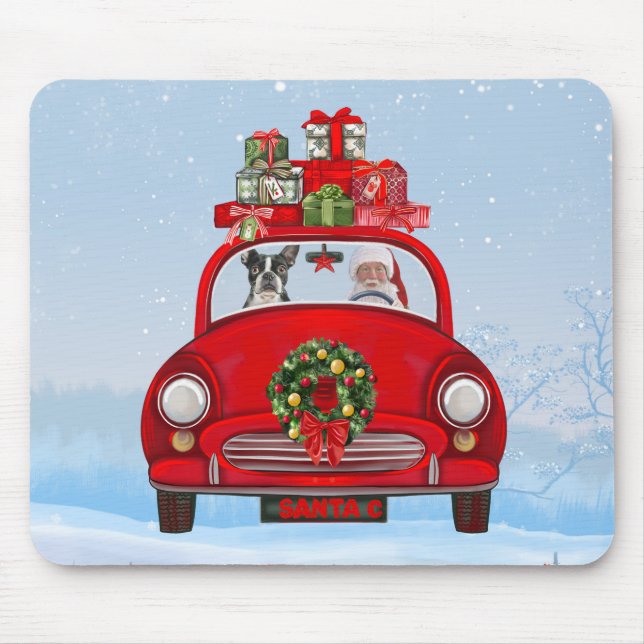 Boston Terrier Dog In Car With Santa Claus  Mouse Mat (Front)