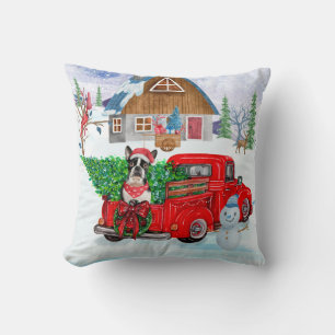 Boston Terrier dog In Christmas Delivery Truck  Cushion