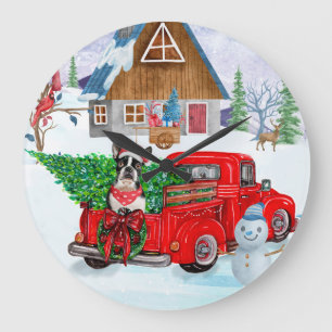 Boston Terrier dog In Christmas Delivery Truck Large Clock