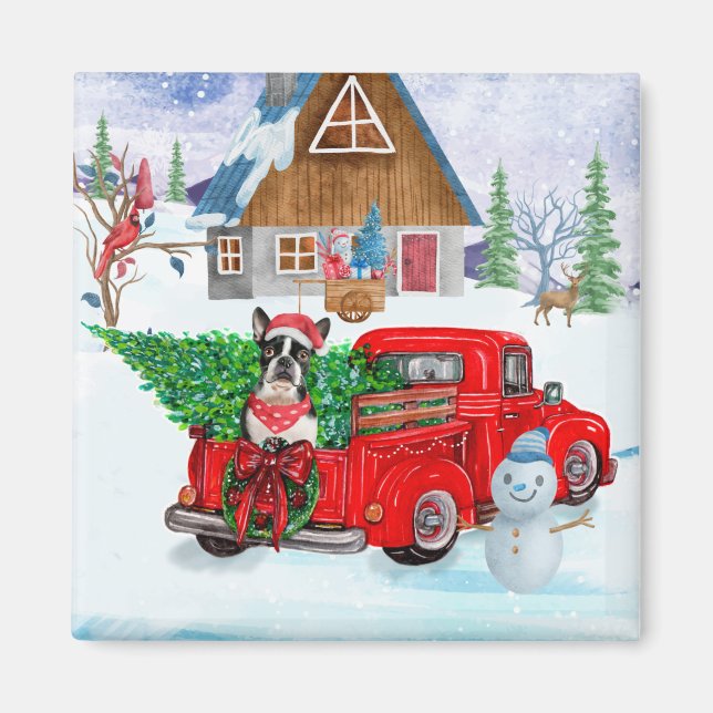 Boston Terrier dog In Christmas Delivery Truck Magnet (Front)