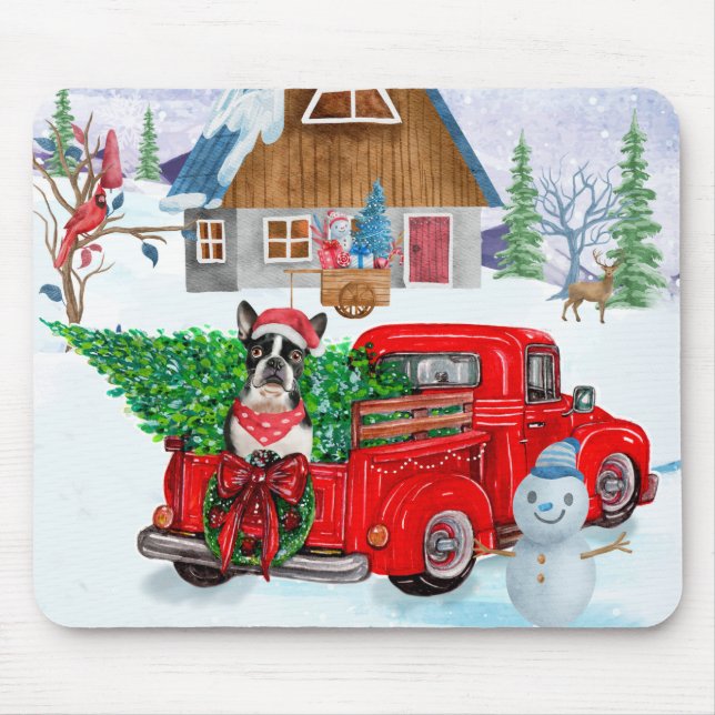 Boston Terrier dog In Christmas Delivery Truck Mouse Mat (Front)