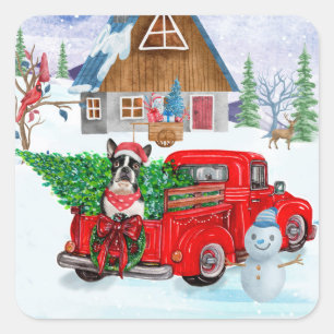 Boston Terrier dog In Christmas Delivery Truck Square Sticker