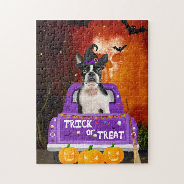 Boston Terrier Dog in Halloween Truck Jigsaw Puzzle (Vertical)