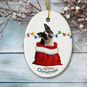 Boston Terrier Dog in Holiday Gift Bag Ceramic Tree Decoration