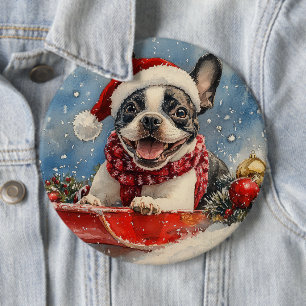 Boston Terrier Dog in Sledge Let it Snow Christmas 6 Cm Round Badge