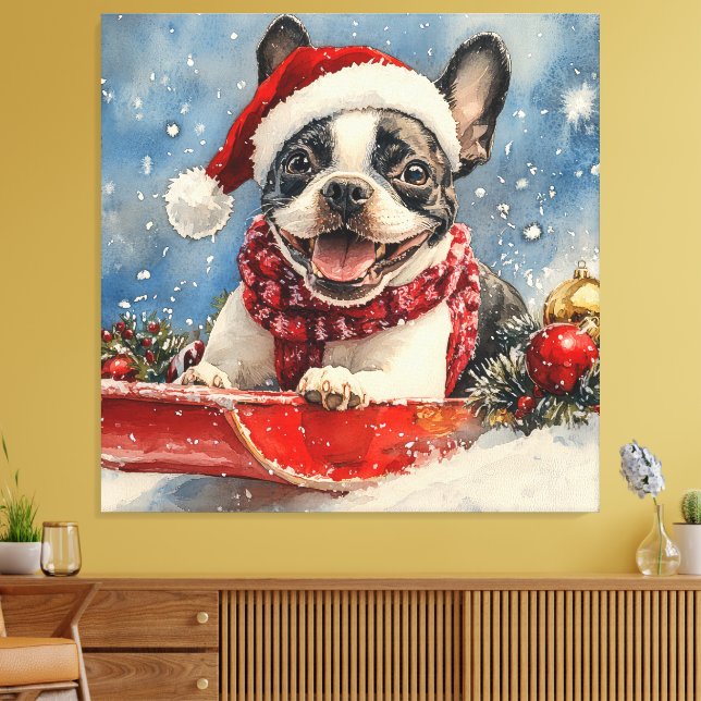 Boston Terrier Dog in Sledge Let it Snow Christmas Canvas Print (Insitu(LivingRoom))