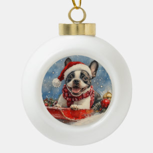 Boston Terrier Dog in Sledge Let it Snow Christmas Ceramic Ball Christmas Ornament