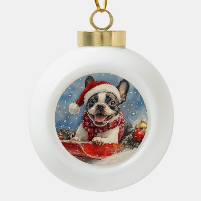 Boston Terrier Dog in Sledge Let it Snow Christmas Ceramic Ball Christmas Ornament (Front)