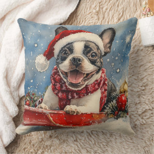 Boston Terrier Dog in Sledge Let it Snow Christmas Cushion