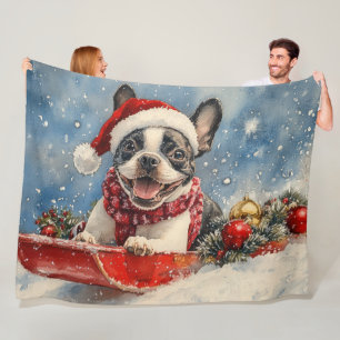 Boston Terrier Dog in Sledge Let it Snow Christmas Fleece Blanket