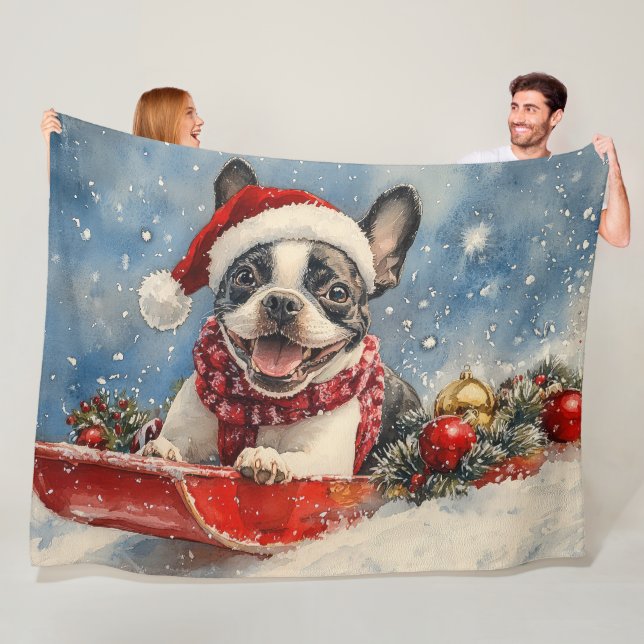 Boston Terrier Dog in Sledge Let it Snow Christmas Fleece Blanket (In Situ)