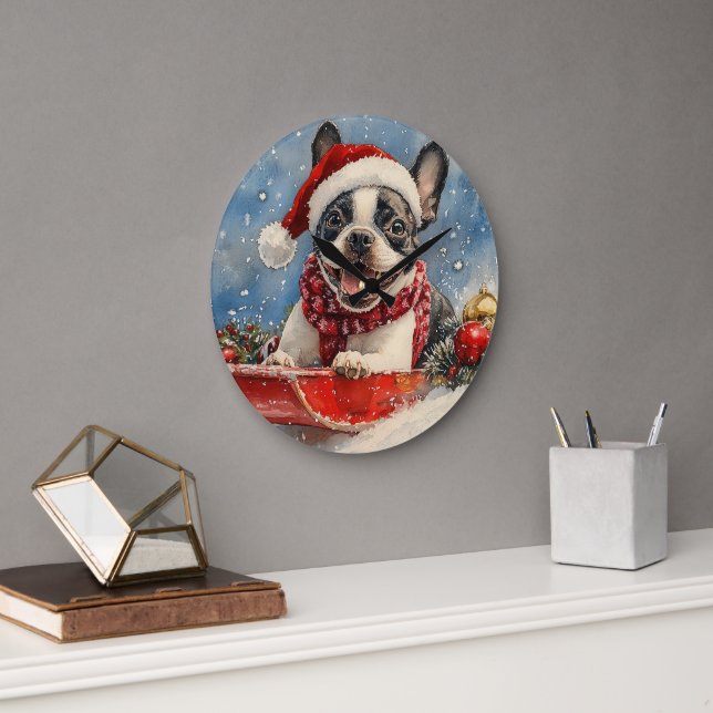 Boston Terrier Dog in Sledge Let it Snow Christmas Large Clock (Office)