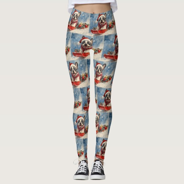 Boston Terrier Dog in Sledge Let it Snow Christmas Leggings (Front)
