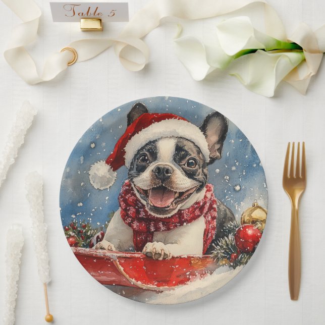 Boston Terrier Dog in Sledge Let it Snow Christmas Paper Plate (Wedding)