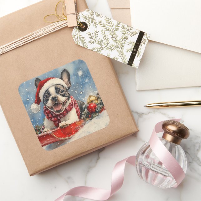 Boston Terrier Dog in Sledge Let it Snow Christmas Square Sticker (Gifting)